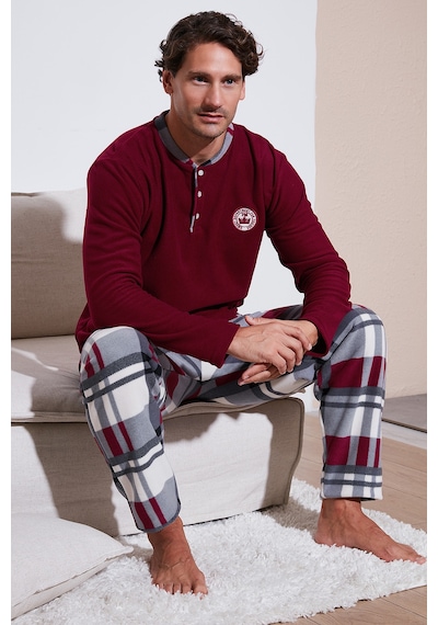 Buratti Ekoseli Regular Fit Düğmeli Bisiklet Yaka Kışlık Polar Erkek Pijama Takımı 60961008 Bordo