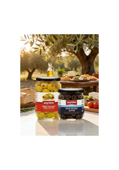 Biberli Yeşil Zeytin 400 Gr 141/160 4xl Cam Kavanoz & Siyah Dilimli Zeytin 200 Gr Cam Kavanoz