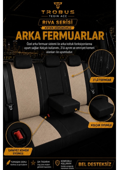 Renault Laguna 2001-2015 Uyumlu Riva Serisi Tay Tüyü Otropedik Bej Siyah Premium Koltuk Kılıfı