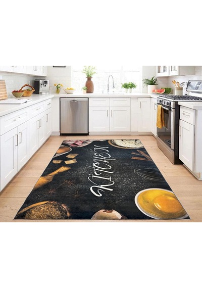 Mutfak Halısı Kitchen Yazılı Siyah Yumurta Desenli Dijital Baskılı Kaymaz Taban Yıkanabilir