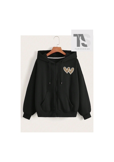 Tarzsokak Leopar Desen Kalpler Sweatshirt Fermuarlı Hırka Siyah