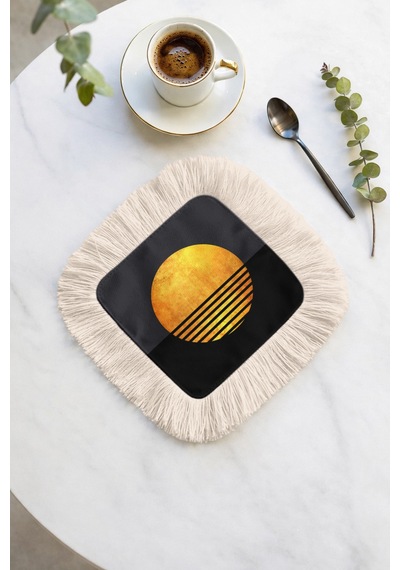 Lüks Güneş Siluetli Saçaklı Sunum Peçetesi - Minimalist Modern Gece Siyah Bardak Altlığı Mendil Soft Kumlu Nar