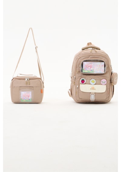 Kawaii 2'li Okul Çantası Seti İlkokul Sırt Çantası + Termal Beslenme Çantası Bej