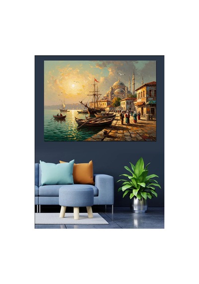 Deniz Kıyısında Cami Ve Gemiler Yağlı Boya Dokulu Kanvas Tablo Canvas Tablosu