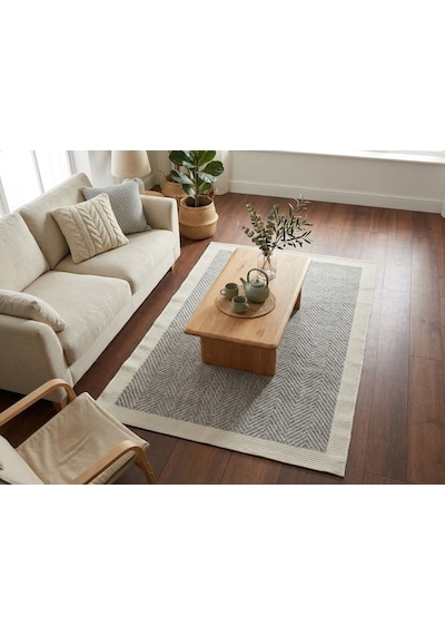 Derin Sisal Krem Bordürlü Gri Jüt Sisal Dekoratif Kaymaz Taban Yıkanabilir Halı St03-978 Renkli