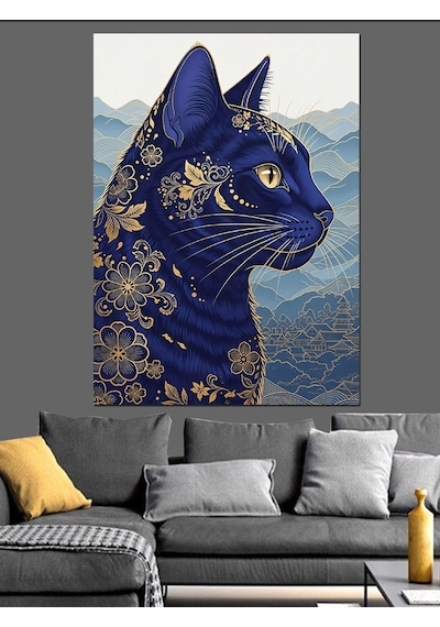 Ahşap Tablo Mavi Altın Desenli Kedi Portresi Dekoratif Tablolar