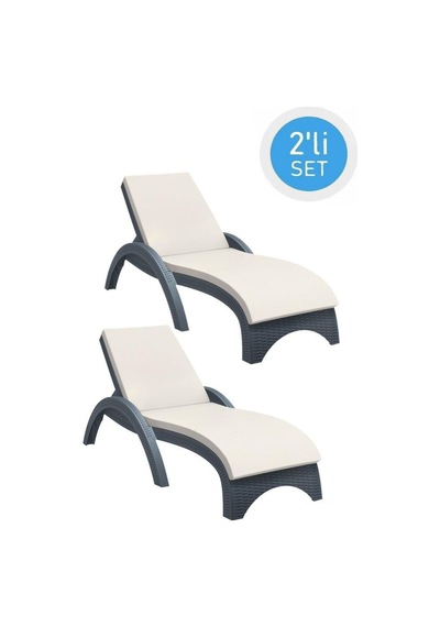 Omnipazar Trk-860 Siesta Fiji Bej Minderli Rattan Desenli Ayarlanabilir Lüks Şezlong Koyu Gri 2'li Set Koyu Gri