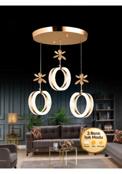 Aurea Model 3 Lü Kristal Taşlı Gold 3 Renk Modu Ledli Salon Mutfak Oturma Odası Sarkıt Led Avize Altın