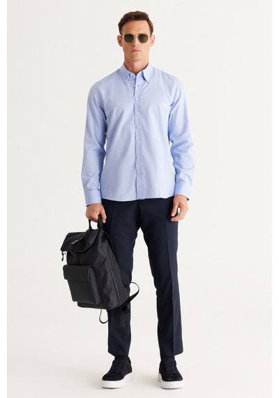AC&Co / Altınyıldız Classics Erkek Mavi Slim Fit Dar Kesim Düğmeli Yaka %100 Pamuk Oxford Gömlek 4A2000000051MAVXXL Mavi