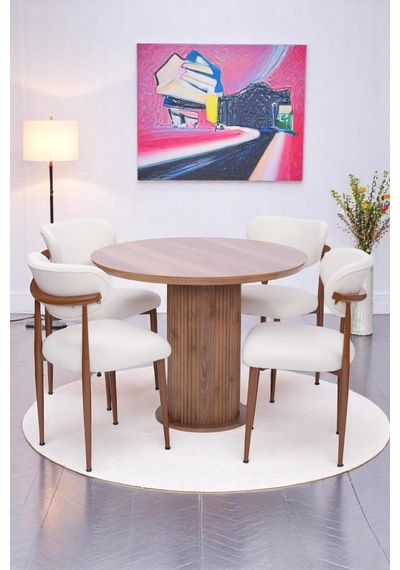 Bohem Polo Yuvarlak Lak Panel Mutfak Masa Takımı 100cm Ceviz