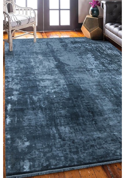 Mavi Rengi Vintage Bambu Altı Kaymaz Makine Dokuma Halı-16