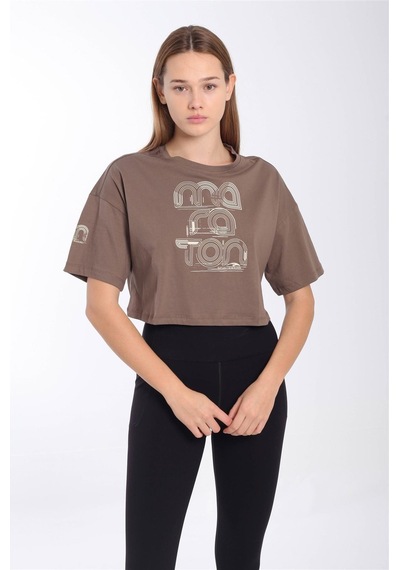 Maraton Comfort Kadın Bisiklet Yaka Kakao Crop Top Kahverengi