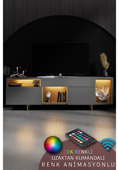 Norm Gold Demir Ayaklı Rgb Led Işık Sistemli Antrasit Tv Ünitesi Tv Sehpası Antrasit - Altın Norm Gold Demir Ayaklı Rgb Led Işık Sistemli Antrasit Tv Ünitesi Tv Sehpası Antrasit - Altın