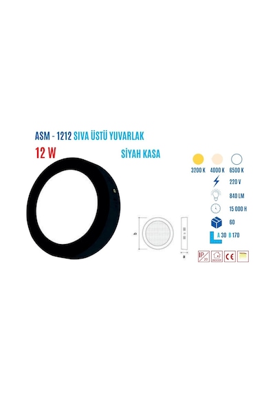 Ycl Asm-1212b 12w S.üstü Yuvarlak Led Panel Beyaz