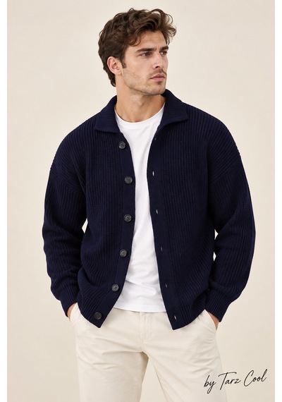 Tarz Cool Erkek Düğme Detaylı Regular Fit Hırka Lacivert