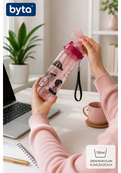 700 Ml Pipetli Matara Su Şişesi Kilitli Kapaklı, Askılı, Sızdırmaz, Bpa İçermez Pembe