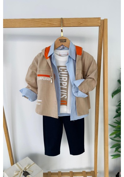 Miniğimin Cicileri Curplus Baskı Ceketli Tişört Ve Kot Pantolonlu Erkek Çocuk 4 Lü Takım - Bej Miniğimin Cicileri Curplus Baskı Ceketli Tişört Ve Kot Pantolonlu Erkek Çocuk 4 Lü Takım - Bej