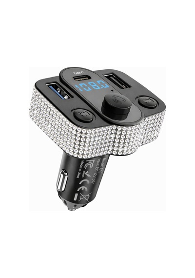 Kadınlara Özel Araç İçi Kristal Taşlı Fm Transmitter Bluetooth Usb Type-c Oto Çakmaklık