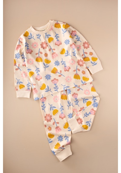 Cigit Desenli Pijama Takımı 2-8 Yaş Ekru Çiçek Desen