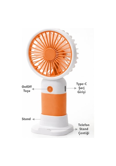 Standlı 3 Mod Şarjlı El Fanı 5 Kademe Seyahat Masaüstü Vantilatör Taşınabilir Mini Fan Turuncu F139
