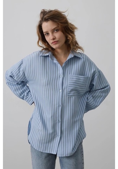 Defymoda Çizgili Tek Cep Gömlek - Bebe Mavisi Bebe Mavisi