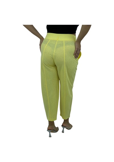 Büyük Beden Keten Mom Yüksek Bel Kadın Pantolon Sarı