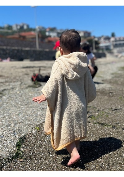 Organik %100 Pamuk Kapşonlu Plaj Çocuk Bebek Panço Bornoz Banyo Havlu Kapüşonlu 0 - 24 Ay