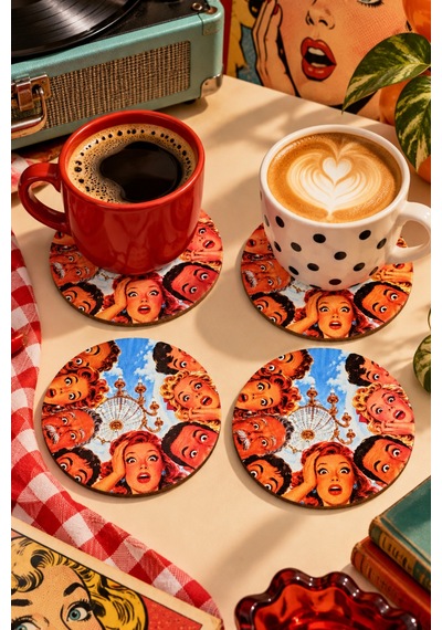 Vintage Surprise Temalı 4 Lü Bardak Altlığı Set 9 Cm, 3 Mm Ahşap Mdf, Dijital Baskı - 927007659 Diğer