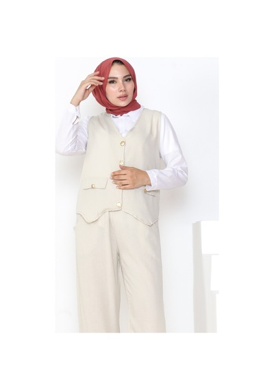 Bestenur Yelek Pantolon Keten İkili Takım 1035 - Taş