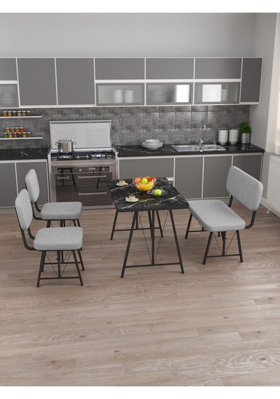 Hayat 70x110cm Sabit Bendir Mutfak Masası, Mutfak Masası Takımı, Yemek Masası, 2 Sandalye 1 Bench - Açık Gri Açık Gri