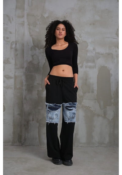 023 Kadın Cepli Bol Paça Penye Kot Denim Pantolon Siyah