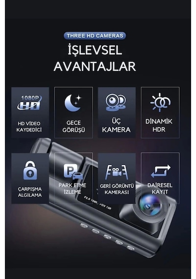 Siyah 1080p Araç İçi 3 Kameralı Lcd Ekranlı Gece Görüşlü , G-sensör , Geri Görüş Kamera
