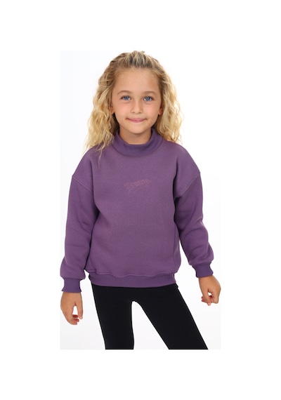 Kız Çocuk Relax Fit Dik Yaka Düşük Omuz Nakış Baskılı Sweatshirt - 3 İplik Şardonlu Mor