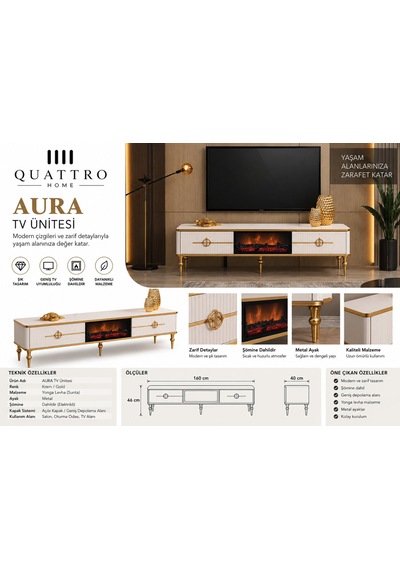 Aura Şömineli Tv Ünitesi Krem Gold Metal Ayaklı Modern Tasarım 160 Cm