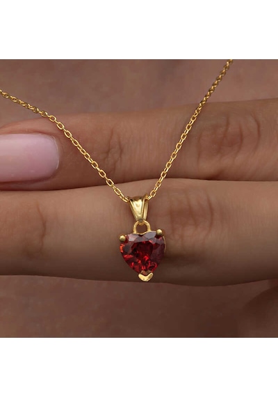 Gümüş Gold Kırmızı Taşlı Kalpli Kadın Kolye Gümüş