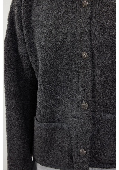 Ersefa Kadın Modern Tarz Oversize Polo Yaka Regular Triko Hırka Antrasit