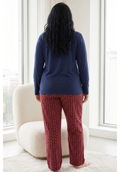 Siyah İnci Pamuklu Likralı Büyük Beden Battal Boy Örme Pijama Takım 26240881 Lacivert