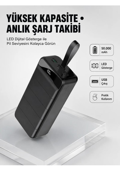 Tüm Cihazlarla Uyumlu 50.000 Mah Powerbank Yüksek Kapasiteli, Led Gösterge Ve Akıllı Koruma Fonksiyonlu Siyah 93833626