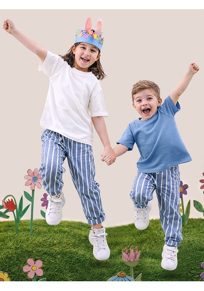 Mavi Çizgili Dokuma Unisex Kız Erkek Çocuk Dokuma Pantolon İlkbahar-Yazlık 2-8 Yaş