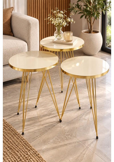 Sulorahome Gold Krem Zigon Sehpa Seti Sehpalar Krem Ayakları Gold