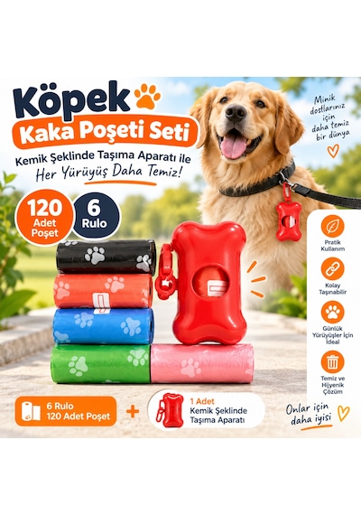Köpek Kaka Poşeti Seti 120 Adet 6 Rulo + Kemik Şeklinde Taşıma Aparatı