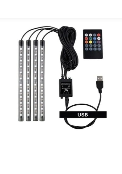 Carub Usb Girişli 12 Ledli 12/24 Volt Uyumlu Ayak Altı Led Kumandalı Araç Içi Aydınlatma 4 Lü Sese Duyarlı Çok Renkli