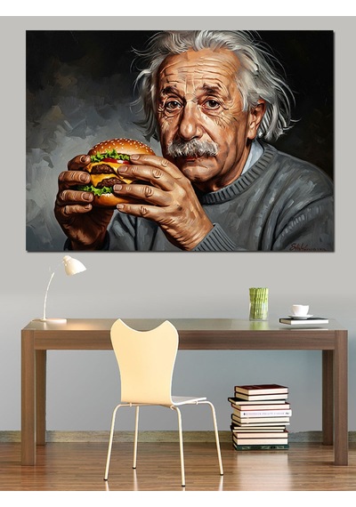Hamburger Yiyen Bilim İnsanı Einstein Dekoratif Kanvas - Mdf Ahşap Tablo