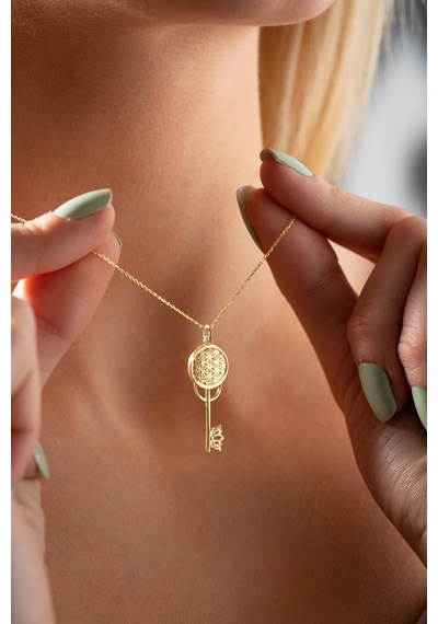925 Ayar Gümüş Gold Kaplama Lotus Çiçeği Detaylı Anahtar Kolye Gold