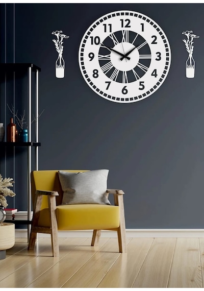 Duvar Saati Ve Süsüleri Çok Şık Hediye 3 Lü Set Beyaz