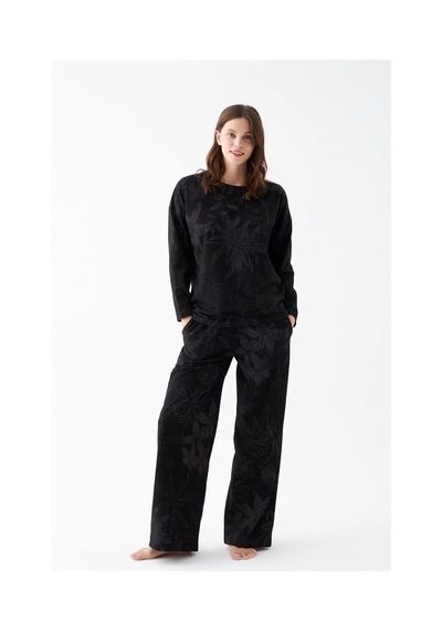 İkikareshop Kadın Oversize Siyah Çiçek Desenli Pamuklu Kalın Pijama Takımı Çok Renkli