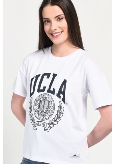 Ucla Avalon Beyaz Bisiklet Yaka Baskılı Oversize Kadın Tshirt Beyaz