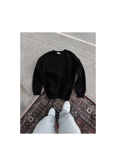 Kadın Bisiklet Yaka 3 İplik Pamuklu Basic Sweatshirt - Siyah