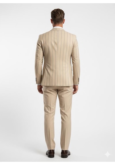 Erkek Çizgili Takım Elbise 3 Lü Set Ceket + Yelek + Pantolon Slim Fit İtalyan Tarz Açık Bej Erkek Çizgili Takım Elbise 3 Lü Set Ceket + Yelek + Pantolon Slim Fit İtalyan Tarz Açık Bej