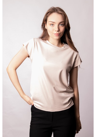 Kadın İpeksi Kumaş Geniş Sıfır Yaka Kısa Kol Tshirt Bluz-bej Bej Kadın İpeksi Kumaş Geniş Sıfır Yaka Kısa Kol Tshirt Bluz-bej Bej